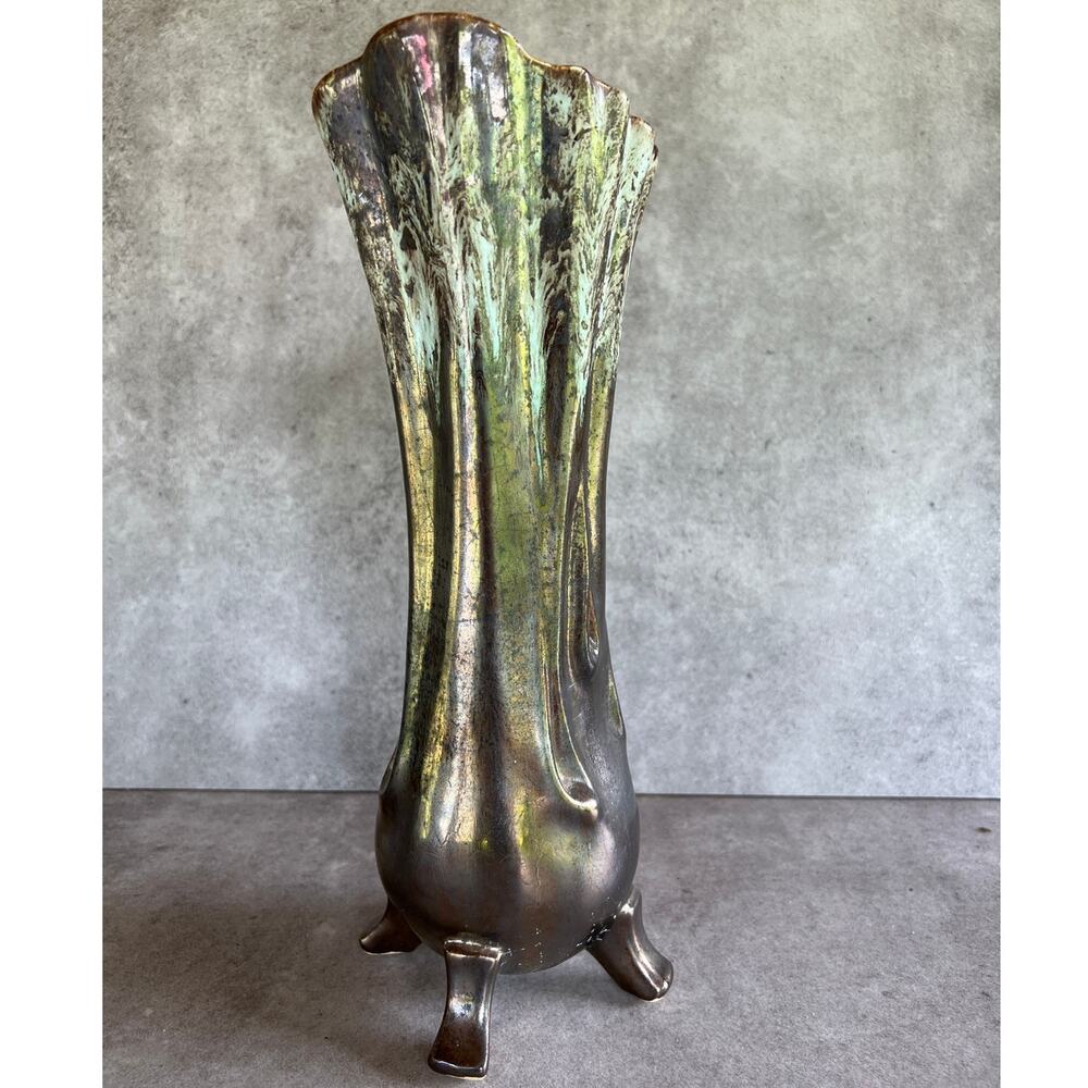 Mid century modern Metallic drip glaze ceramic large footed vase vintage unique - Picture 7 of 12